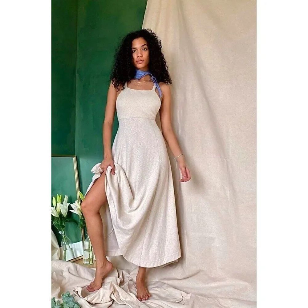 NEW FREE PEOPLE FP BEACH Sz M STAY SALTY PINAFORE OPEN BACK MIDI DRESS NATURAL